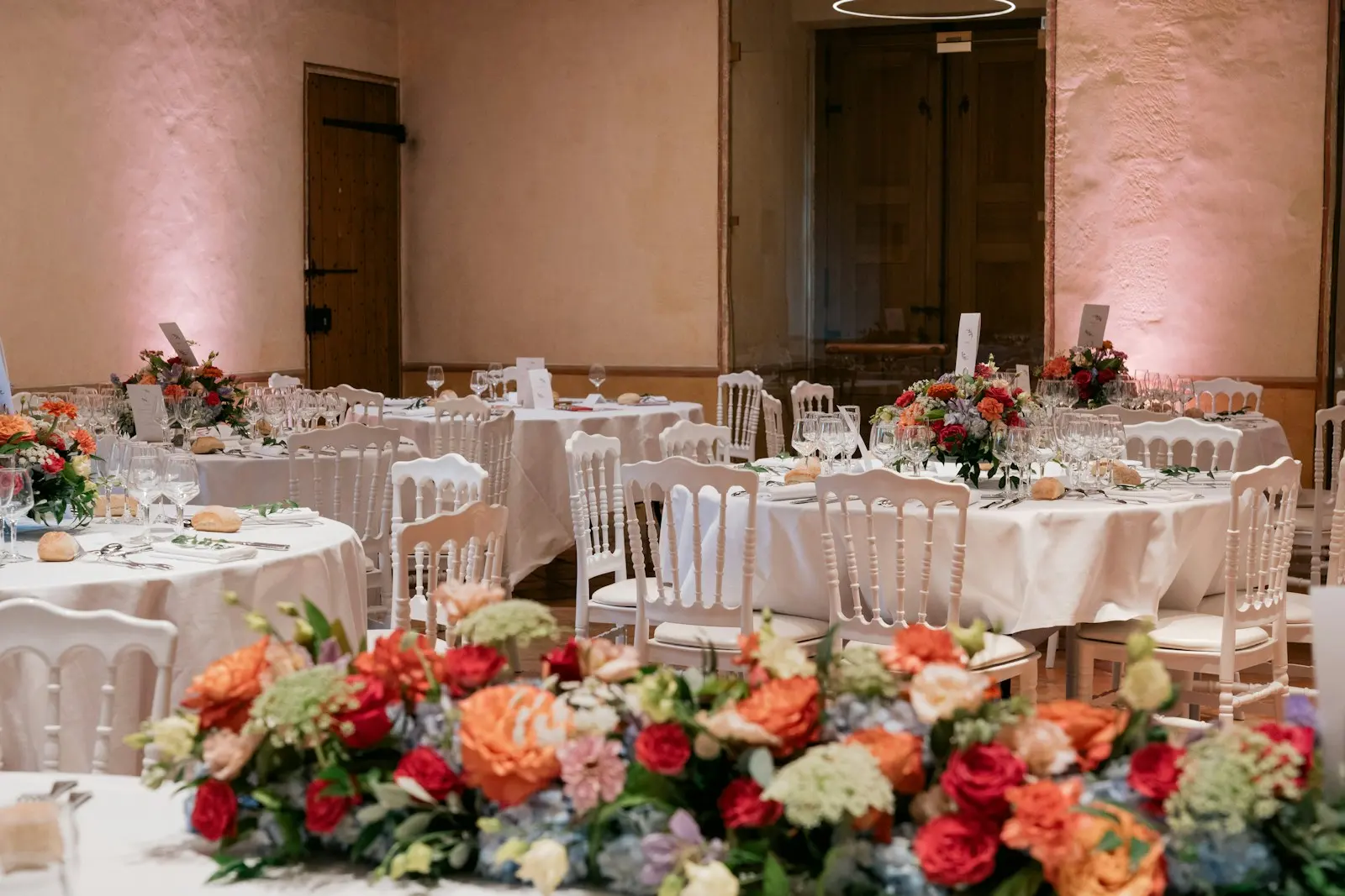 Reception tables with floral centrepieces